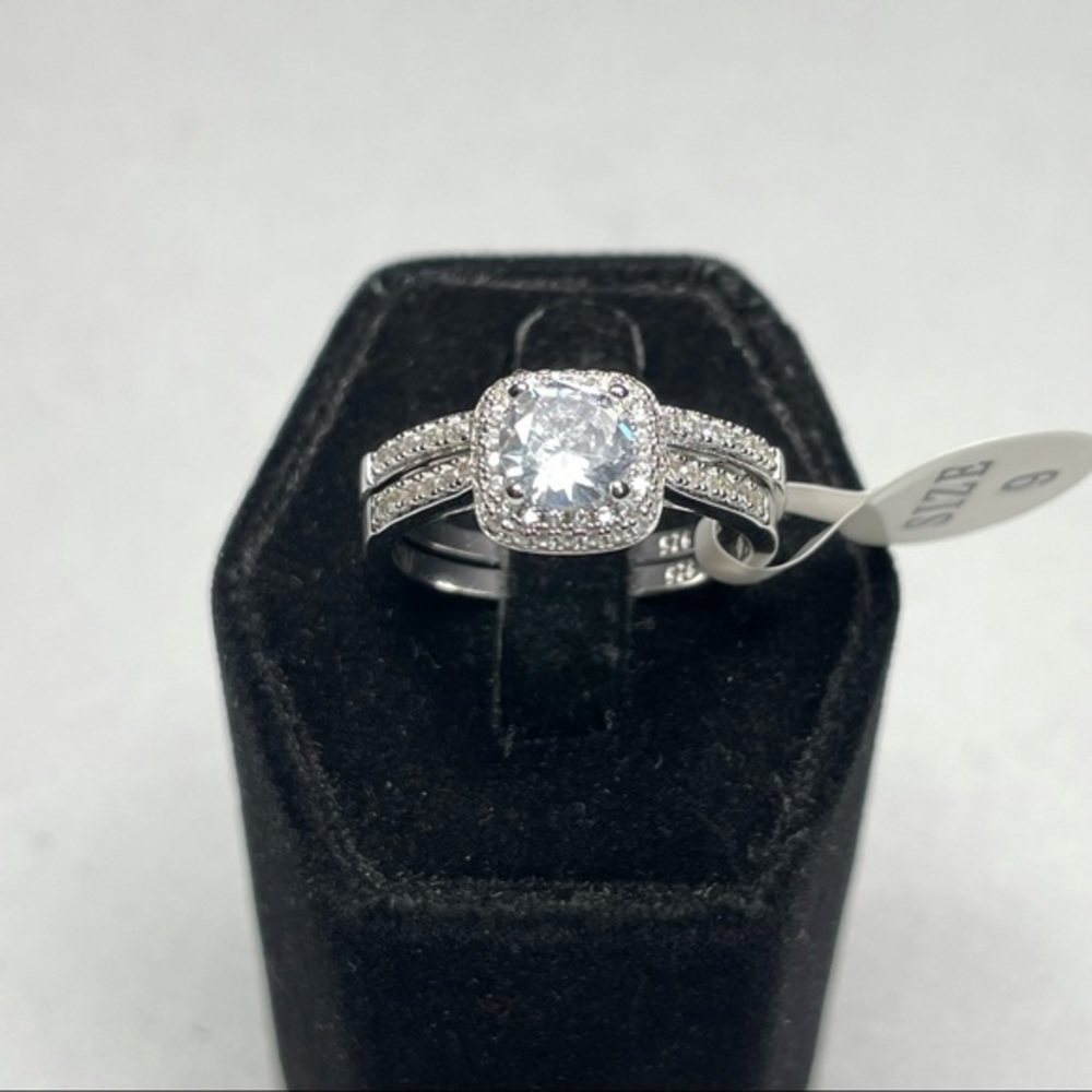 925 Sterling Silver Diamond 2‎ Band Ring Set Sz 9